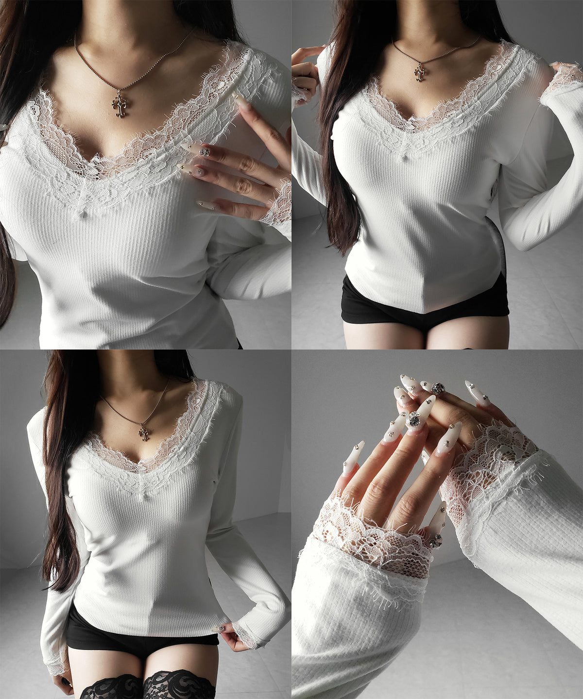 【 微起毛 】レーストリムタイトリブ長袖Ｔシャツ ／ lace trim tight rib long sleeve T-shirt