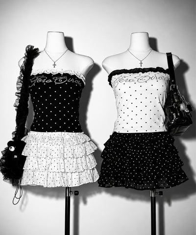 ラインストーンドットフリルベアトップス ／ Rhinestone dot frill bare tops