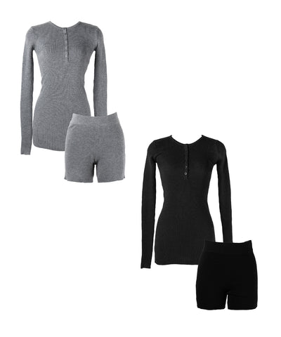 【 セットアップ 】ヘンリーネックスリムリブニットトップス＆ニットショートパンツ SET ／ henley neck slim rib knit tops ＆ knit short pants SET