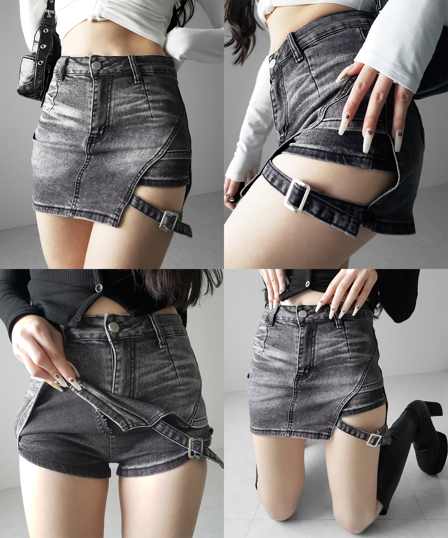 【 インパン裏地付 】カットアウトベルトストラップデニムミニスカパン ／ cutout belt strap denim mini skirt pants