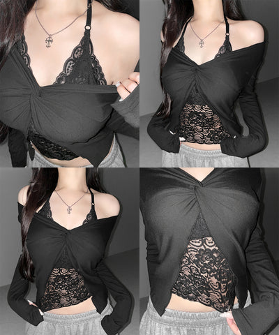 レースレイヤードクロスデザイン長袖Ｔシャツ ／Lace-layered cross design long-sleeved T-shirt