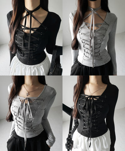 【 ３WAY ／２color 】レースアップコルセットリボンチョーカートップス ／ lace up corset ribbon choker tops