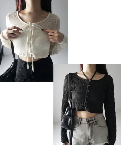 【 ２WAY 】クロスストラップリボンショートレースカーディガン ／ cross strap ribbon short lace cardigan