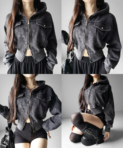 ピグメントダブルジップショートパーカー ／ pigment double zip short hoodie