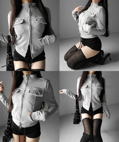 ダブルジップアウトポケット裏毛スリムジャケット ／ Double-zip outer pocket sweat slim jacket