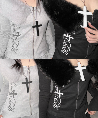 ファー襟クロスロゴジップアップリブカーディガン ／ fur collar cross logo zipup rib cardigan