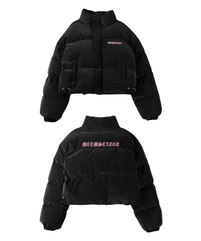 【 新色ピンクが追加！ 】グランジロゴ刺繍ショートパフ中綿ジャケット ／ grunge logo embroidery short puff fake down jacket