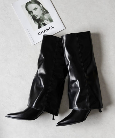 【 ２color 】ポインテッドトゥフェイクレザーカバーロングブーツ ／ pointed toe fake leather covered long boots