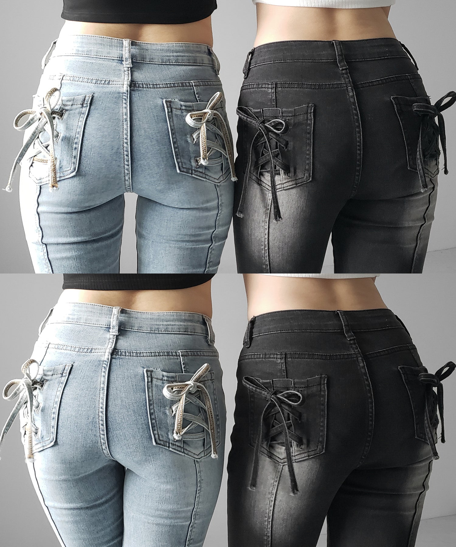 【４size 】バックリボンレースアップ美脚ストレッチフレアデニム ／ back ribbon lace up slim leg stretch flare denim