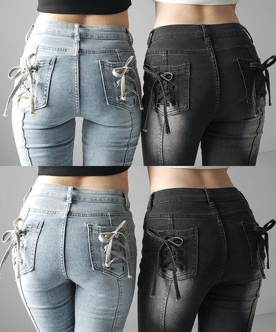 【４size 】バックリボンレースアップ美脚ストレッチフレアデニム ／ back ribbon lace up slim leg stretch flare denim