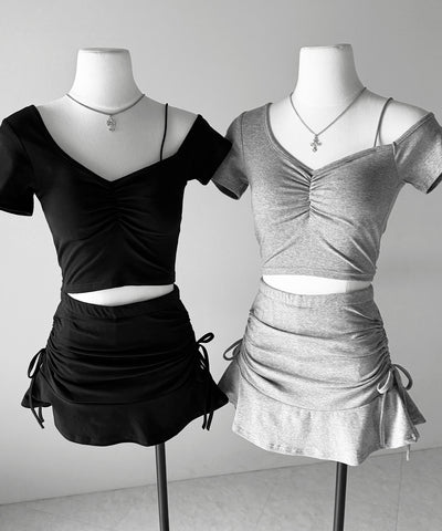 ワンショルギャザートップス ＋ シャーリングリボンスカート SETUP ／ ( SETUP ) one shoulder gather tops + shirring ribbon skirt SET