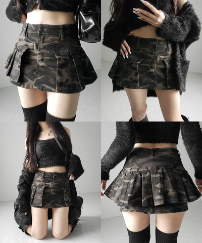 【 インパン裏地付 】カモフラベルテッドマイクロプリーツミニスカパン ／ camouflage belted micro pleats skirt pants