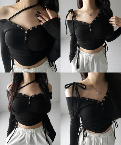 【 ２WAY ／ 裏起毛 】ナナメストラップスナップボタンシャーリングリボントップス ／ naname strap snap button shirring ribbon tops