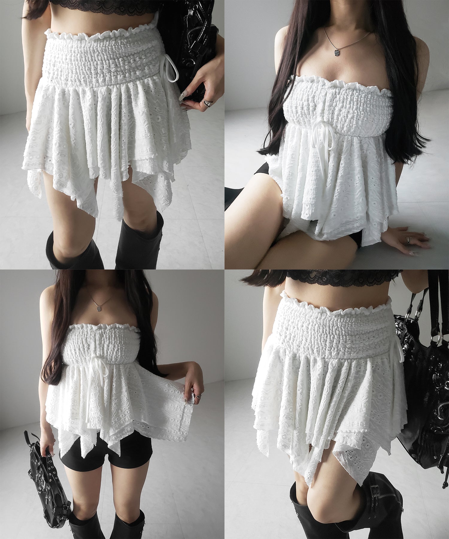 【 トップスとしても使える２WAY 】シャーリングリボンフリルビスチェミニスカート ／ shirring ribbon frill bustier mini skirt