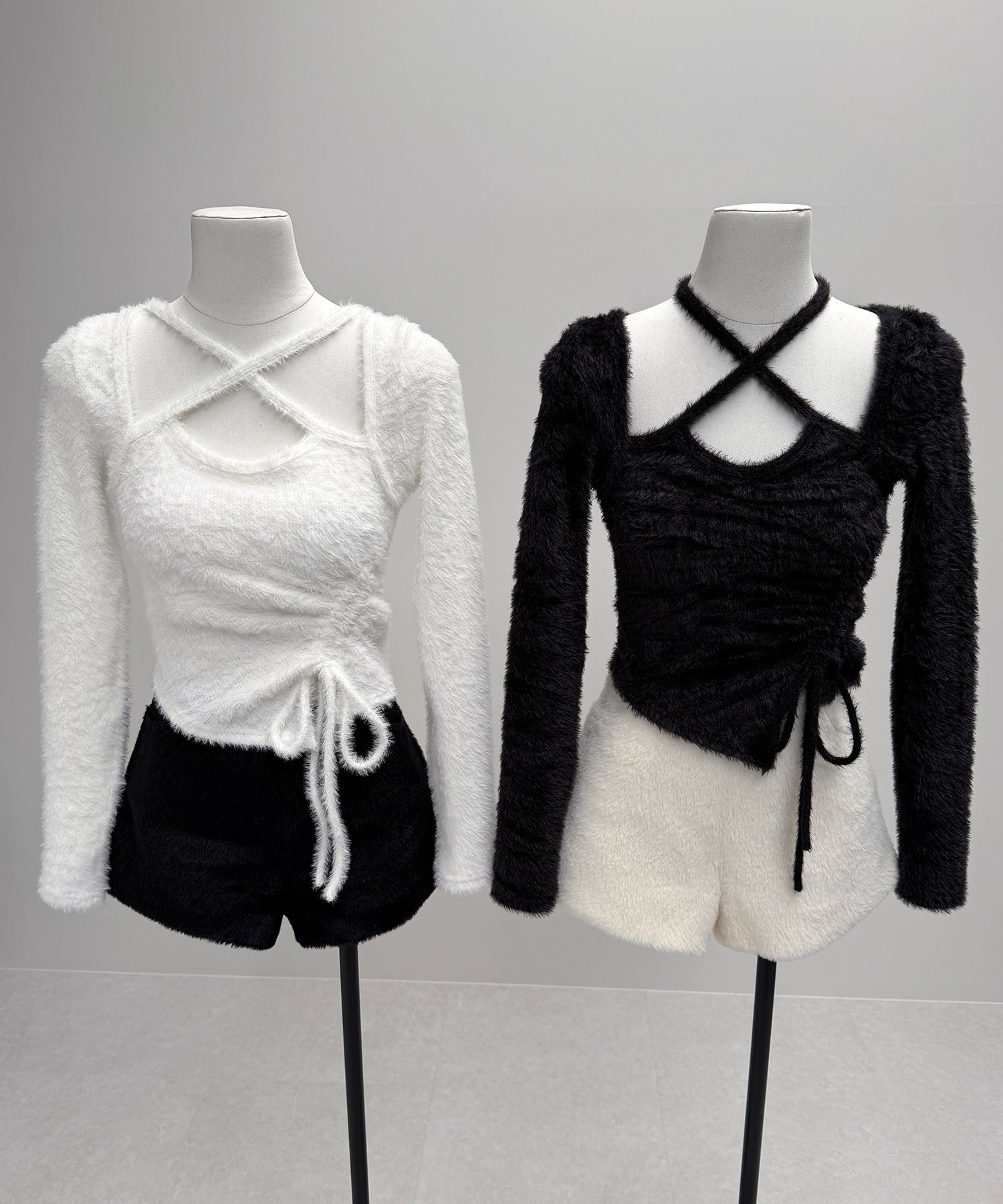 【 ３color 】クロスネックシャーリングリボンシャギートップス ／ cross neck shirring ribbon shaggy tops