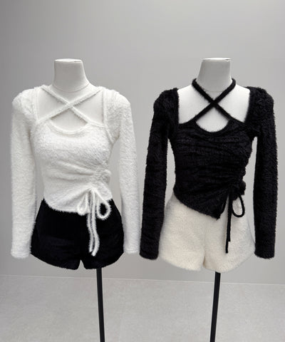 【 ３color 】クロスネックシャーリングリボンシャギートップス ／ cross neck shirring ribbon shaggy tops