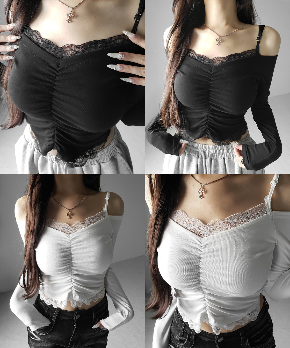 レースレイヤードギャザーオフショル長袖Ｔシャツ ／ lace layered gather off-shoulder long-sleeved T-shirts