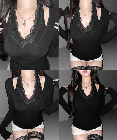 ホルターネックレースレイヤードトップス ／ Halter neck lace layered tops