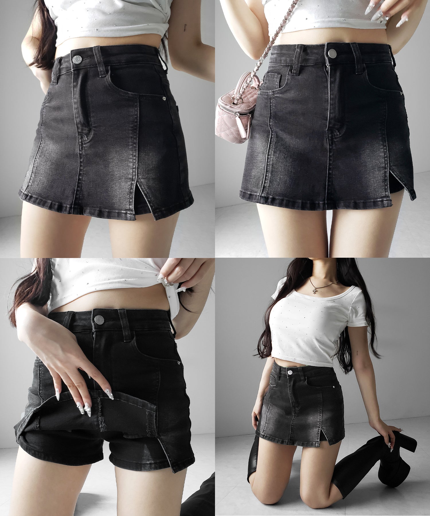 ミニスリットストレッチレイヤードデニムミニスカパン ／ mini slit stretch layered denim mini skirt pants