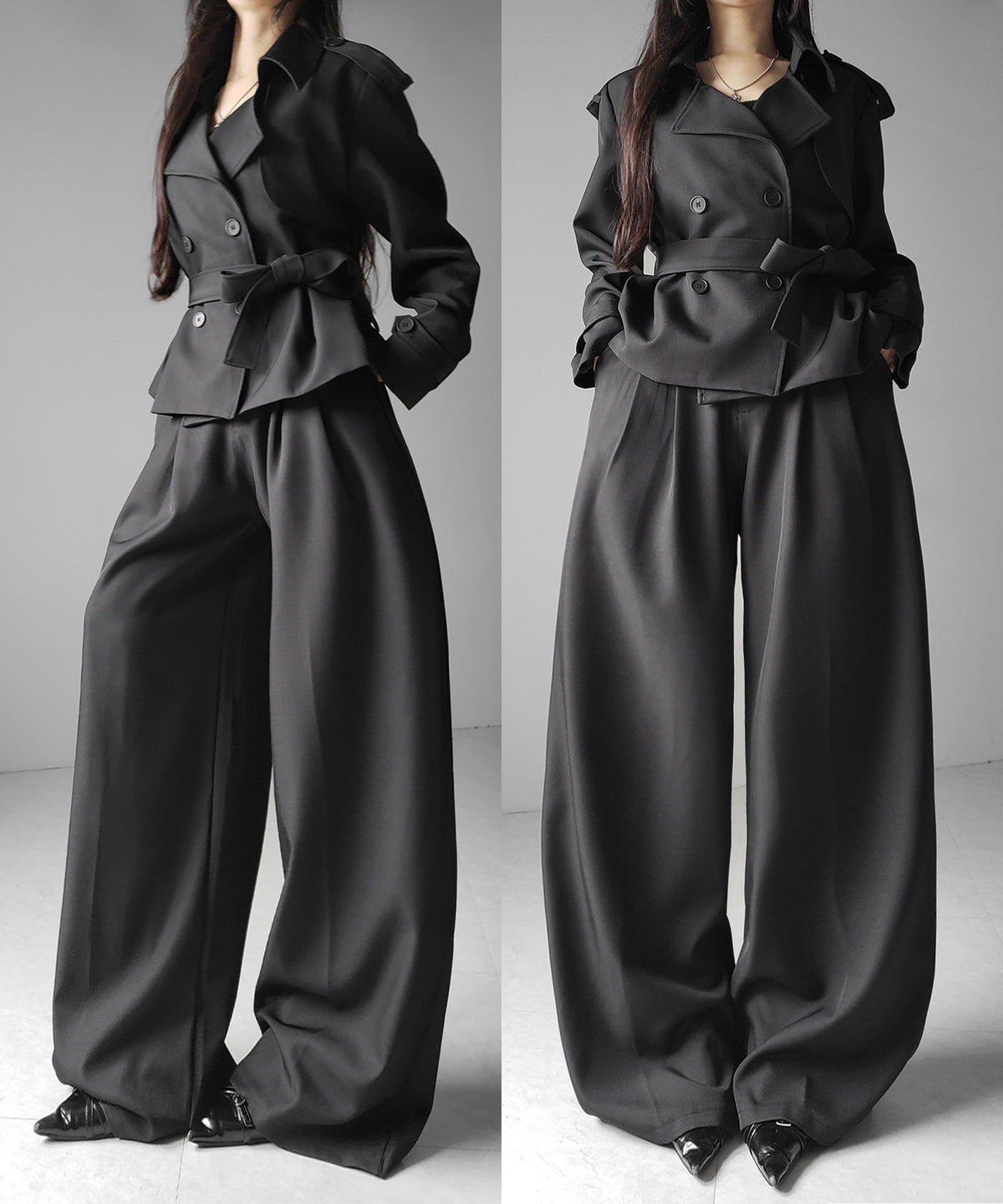 【 上下セットアップ 】ウエストマークショートトレンチコート ＋ タックワイドスラックスパンツ SETUP ／ Waist-mark short trench coat + tuck wide slacks pants