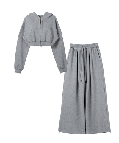 【 セットアップ 】ダブルジップショートパーカー ＋ タックワイドスウェットパンツ SET ／ double zip short hoodie + tuck wide sweat pants SET