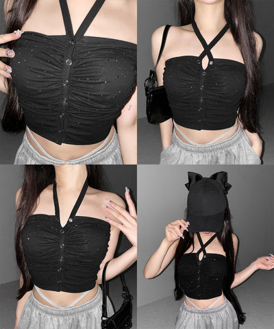 ラインストーンホルターネックスナップギャザーベアトップ ／ Rhinestone halter neck snap gathered bare top
