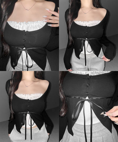 フリルレイヤードリボンカーディガントップス ／ frill layered ribbon cardigan tops