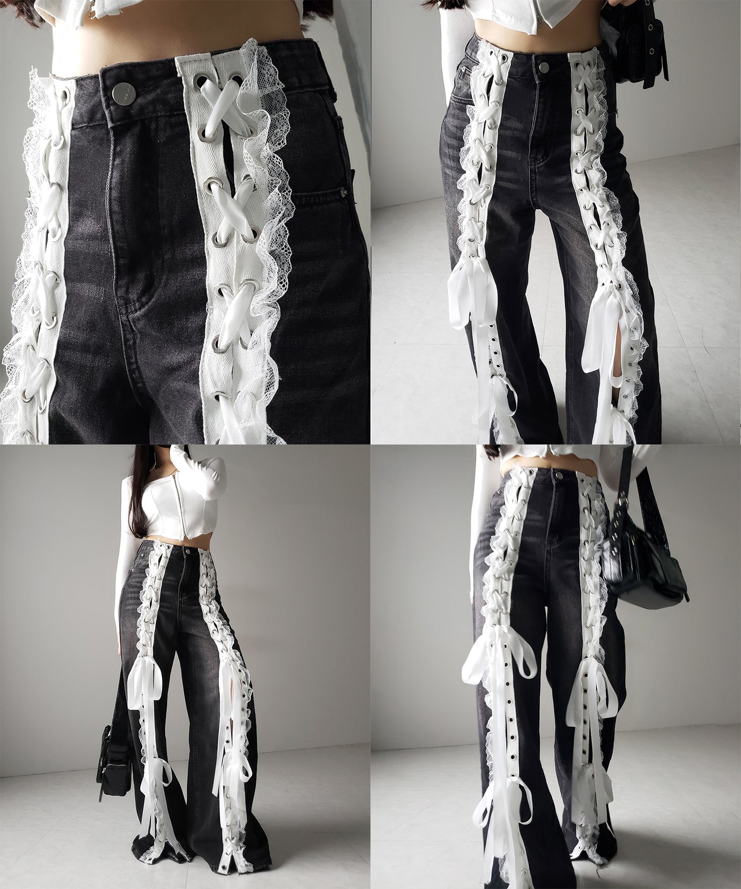 サテンリボンレースアップワイドデニムパンツ ／ satin ribbon lace up wide denim pants
