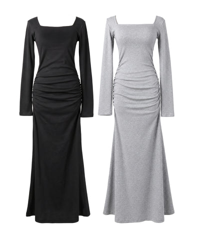 スクエアネックシャーリングマーメイド長袖ロングタイトワンピ ／ Square neck shirring mermaid long-sleeved long tight onepiece