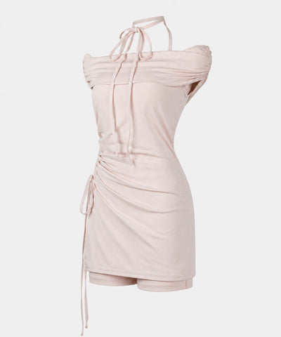 【 セットアップ 】ネックリボンストラップオフショルミニワンピ ＋ショートパンツ ／ neck ribbon strap off shoulder mini onepiece + short pants SET