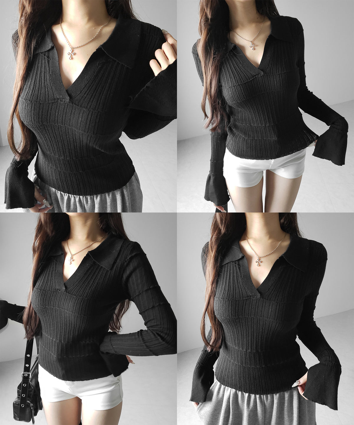 スキッパーネックスリムリブニットトップス ／ skipper neck slim rib knit tops