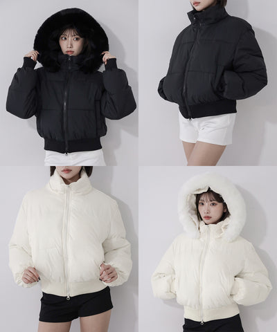 【 フード取り外し可能２ＷＡＹ 】フェイクファーフードショートダウンジャケット ／ 2WAY fake fur hoodie short down jacket