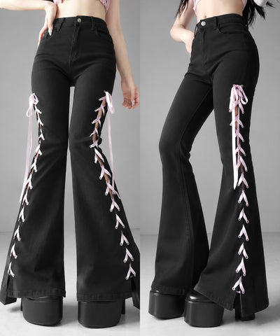 サテンリボンレースアップカットアウトストレッチフレアデニム ／ satin ribbon laceup cutout stretch flare denim