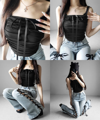 シャーリングギャザーフロントリボンキャミソール ／ shirring gather front ribbon camisole