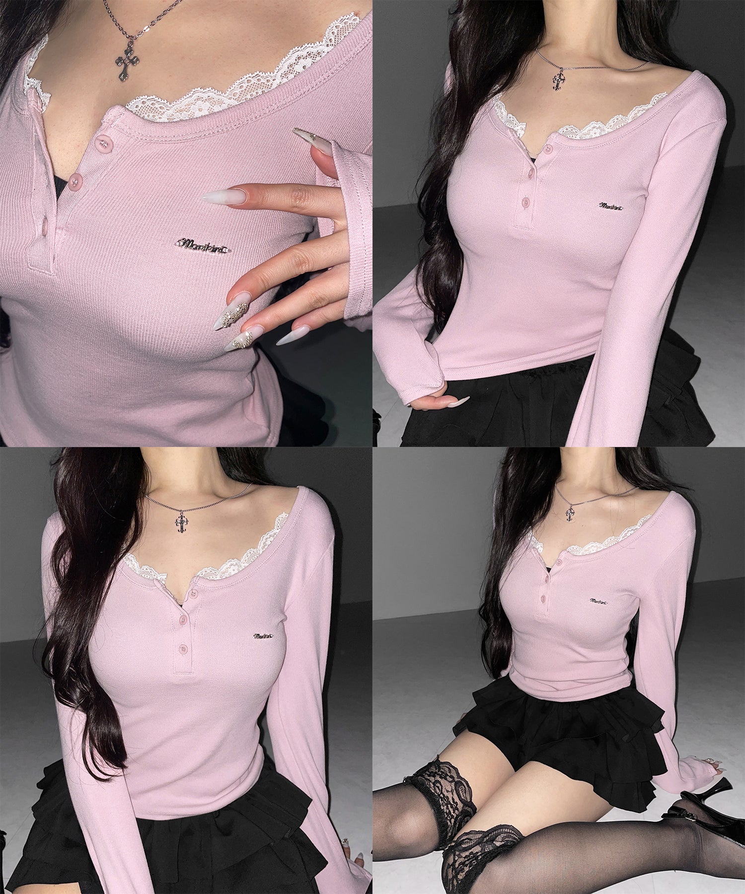 ヘンリーネックロゴプレートレースリブトップス ／ henley neck logo