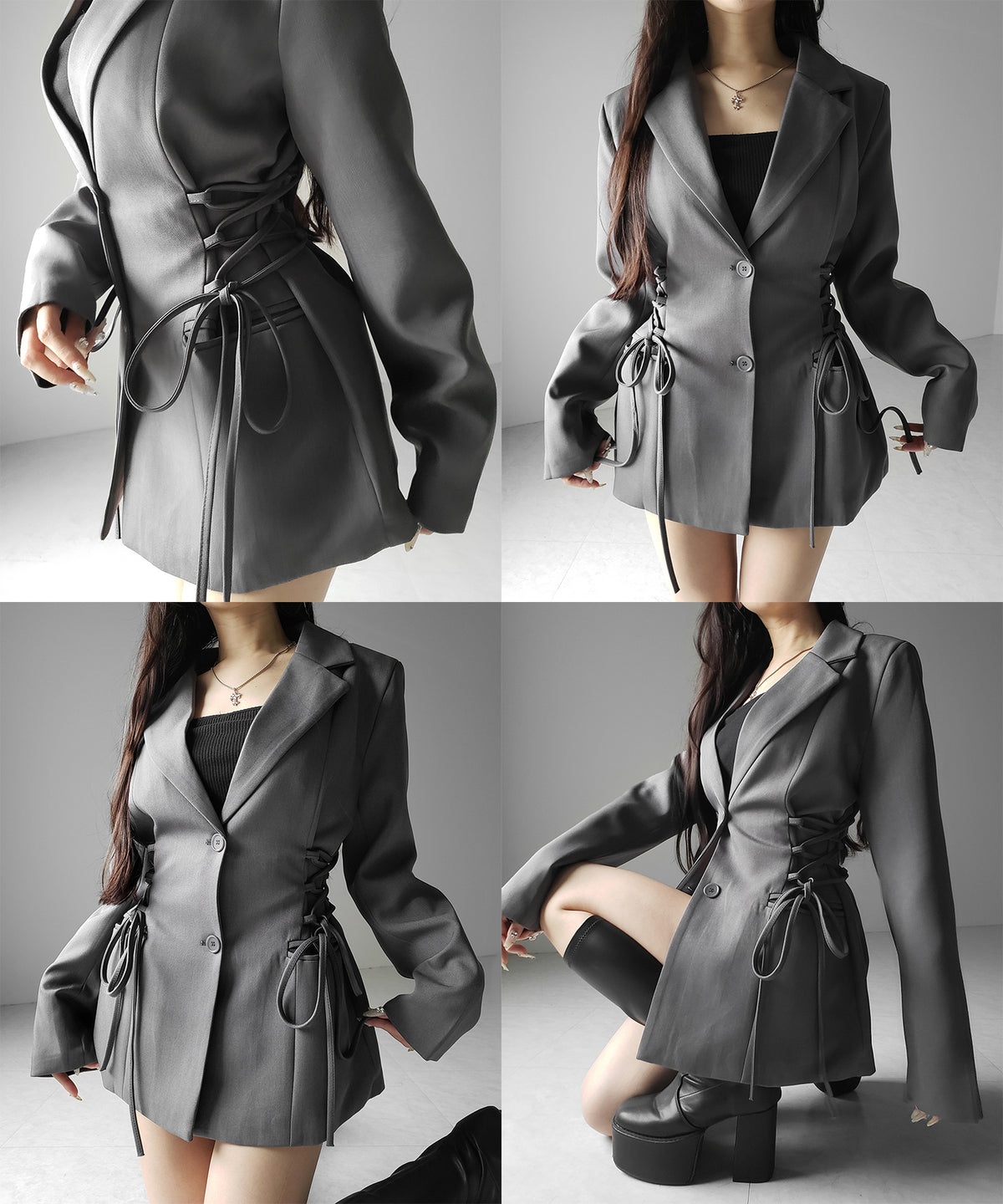 レースアップリボンスリムテーラードジャケット ／ lace-up ribbon slim tailored jacket