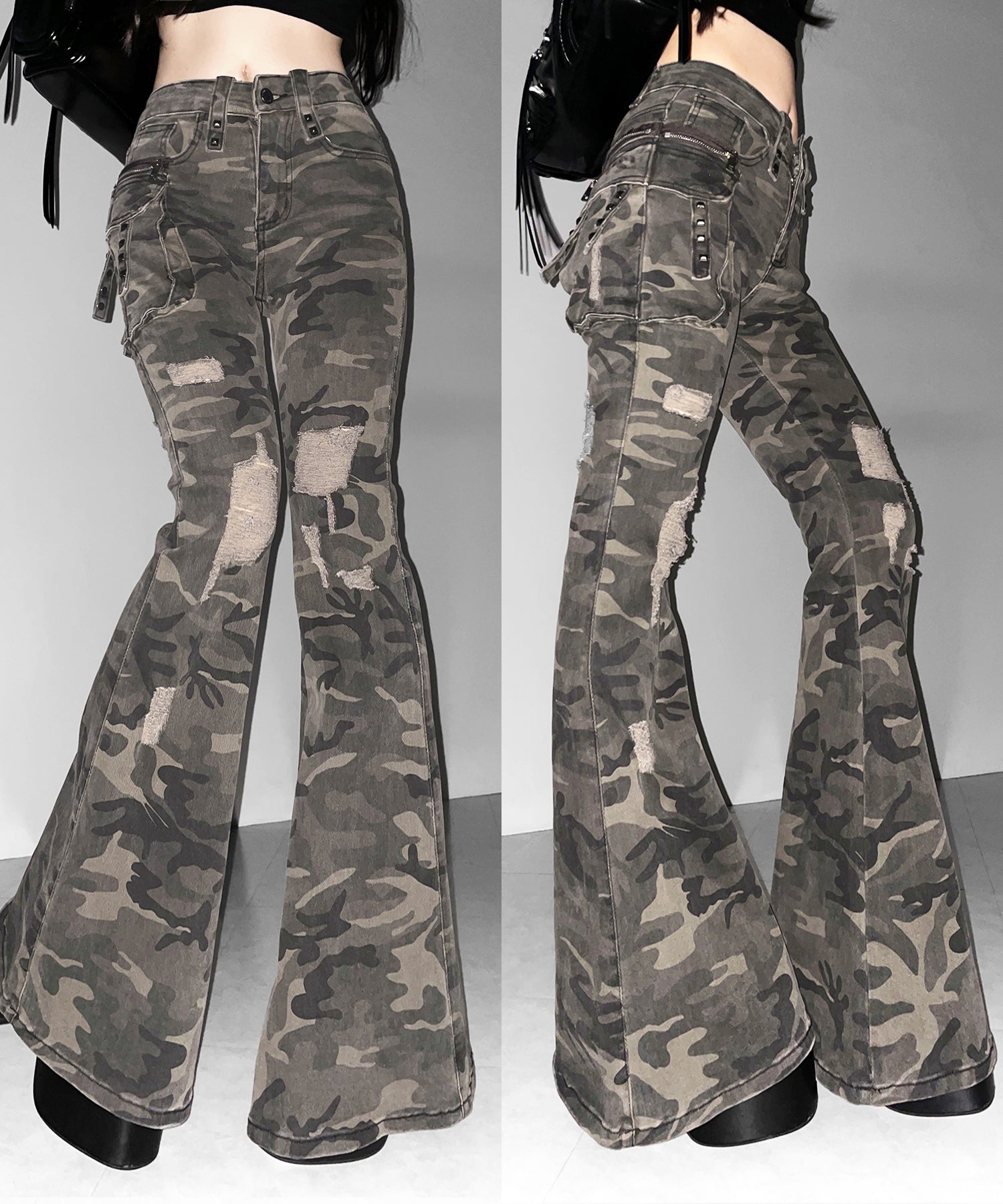 ヴィンテージカモフラ迷彩ダメージフレアデニムパンツ ／ vintage camouflage damage flared denim pants