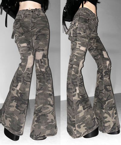 ヴィンテージカモフラ迷彩ダメージフレアデニムパンツ ／ vintage camouflage damage flared denim pants