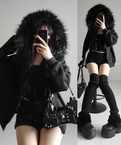 【 セットアップ 】裏起毛ファーフードオーバージップパーカー＆スウェットショートパンツ ／ Urakimo fur over zip hoodie ＆ sweat short pants SETUP