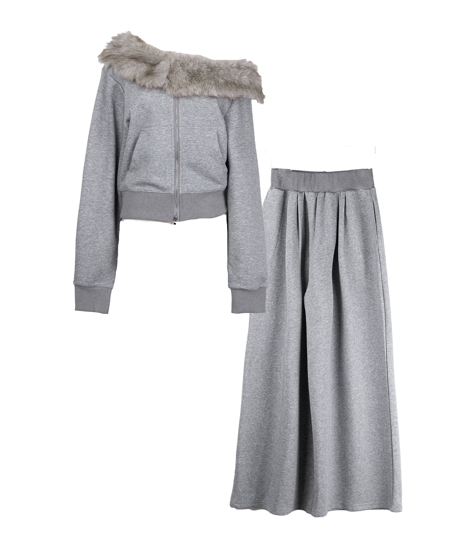 【 セットアップ 】ファーダブルジップワンショルスウェット＆タックワイドスウェットパンツ ／ Fur double-zip one-shoulder sweatshirt ＆ tuck wide sweatpants SETUP