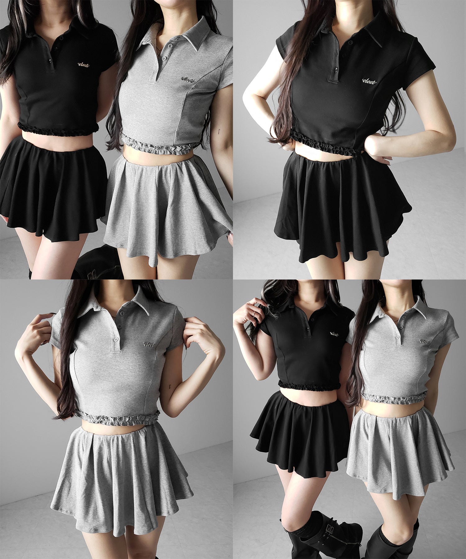 【 セットアップ 】ロゴプレート半袖トップス＋フレアミニスカパン SET ／( SETUP ) logo plate short sleeve tops + flared mini skirt pants