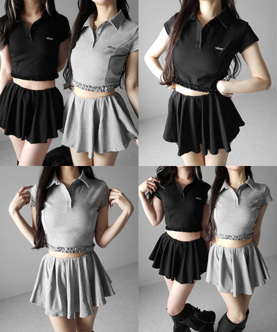 【 セットアップ 】ロゴプレート半袖トップス＋フレアミニスカパン SET ／( SETUP ) logo plate short sleeve tops + flared mini skirt pants