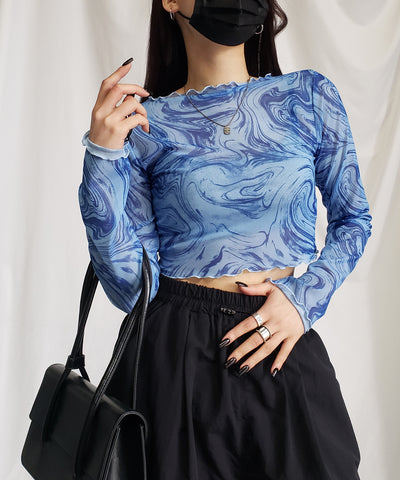 【 ５color 】総柄マーブルシアーメローショートトップス／ marble sheer mellow short tops