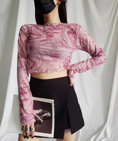 【 ５color 】総柄マーブルシアーメローショートトップス／ marble sheer mellow short tops