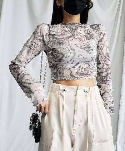 【 ５color 】総柄マーブルシアーメローショートトップス／ marble sheer mellow short tops