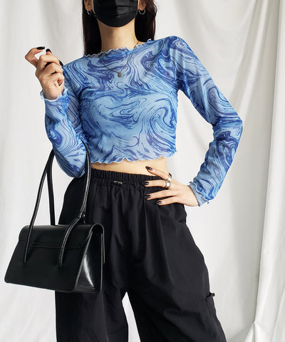 【 ５color 】総柄マーブルシアーメローショートトップス／ marble sheer mellow short tops