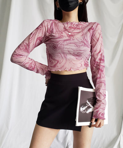 【 ５color 】総柄マーブルシアーメローショートトップス／ marble sheer mellow short tops