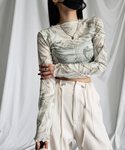【 ５color 】総柄マーブルシアーメローショートトップス／ marble sheer mellow short tops