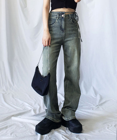 【 ４color 】カットアウトサイドリボンウォッシュストレートデニム