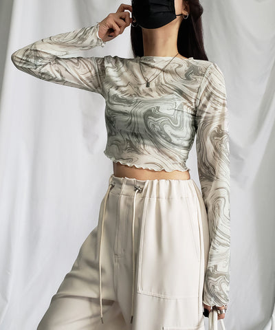 【 ５color 】総柄マーブルシアーメローショートトップス／ marble sheer mellow short tops